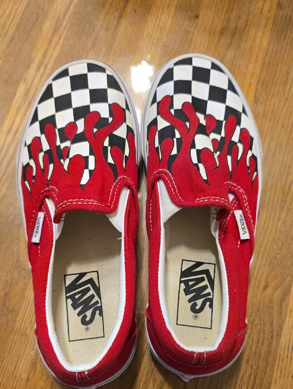 Vans Kids Slip-On Sneakers — Red, Black & White Checker Flame